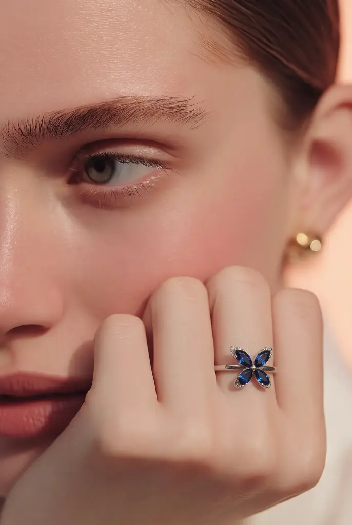 Silver butterfly ring with blue stones.
