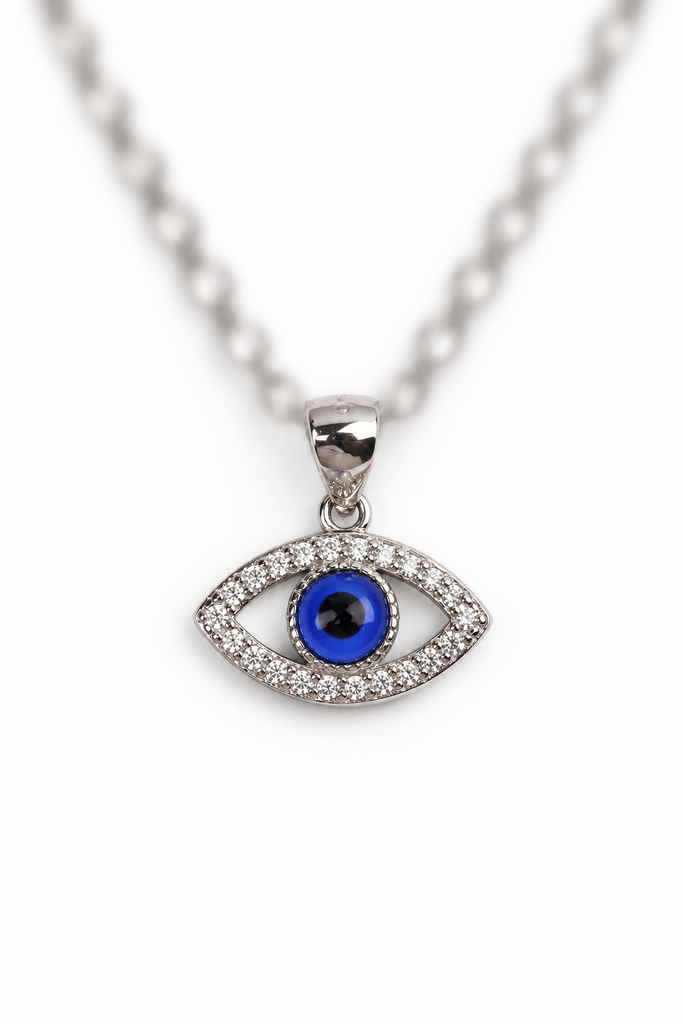 925 sterling silver blue eye pendant with sparkling stones.