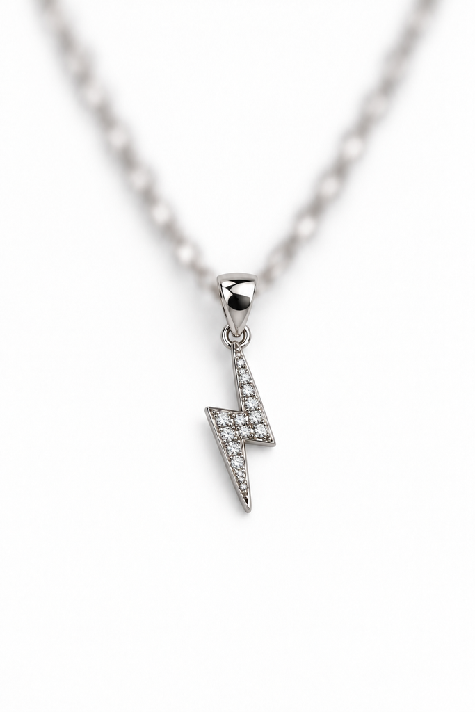 925 sterling silver lightning bolt pendant with sparkling stones.