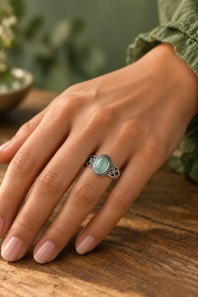A classic ornate ring featuring an oval light-green stone
