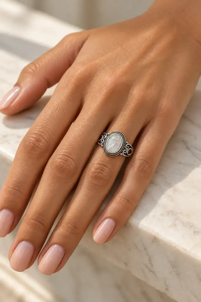 An ornate ring featuring an oval white stone