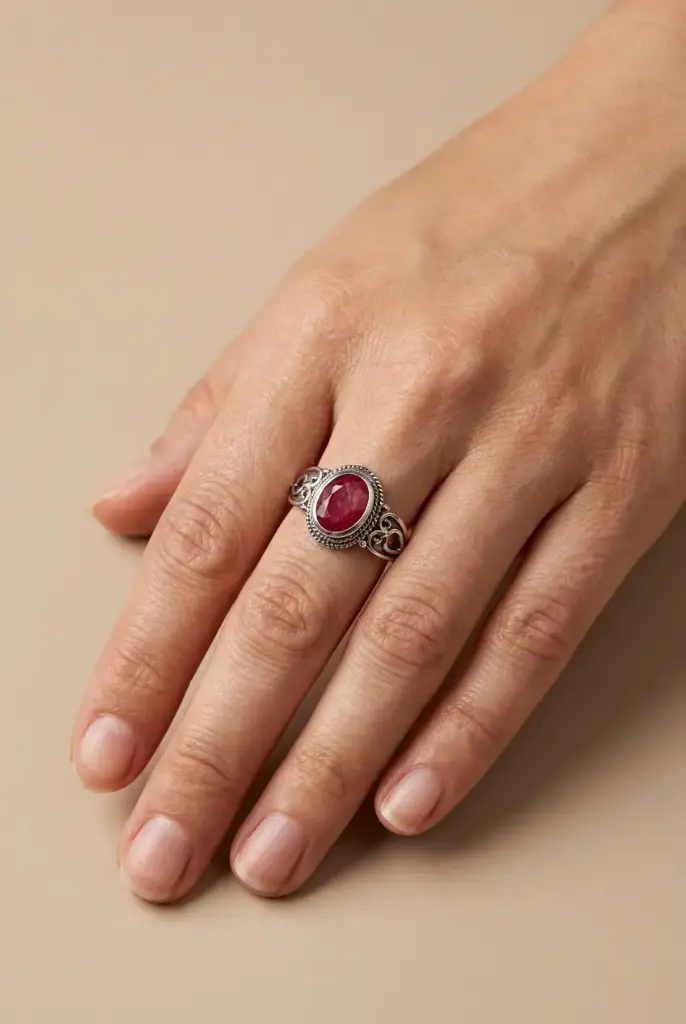 An ornate ring featuring an oval red stone