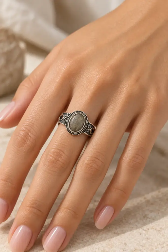 An ornate ring featuring an oval stone in gray and brown tones.