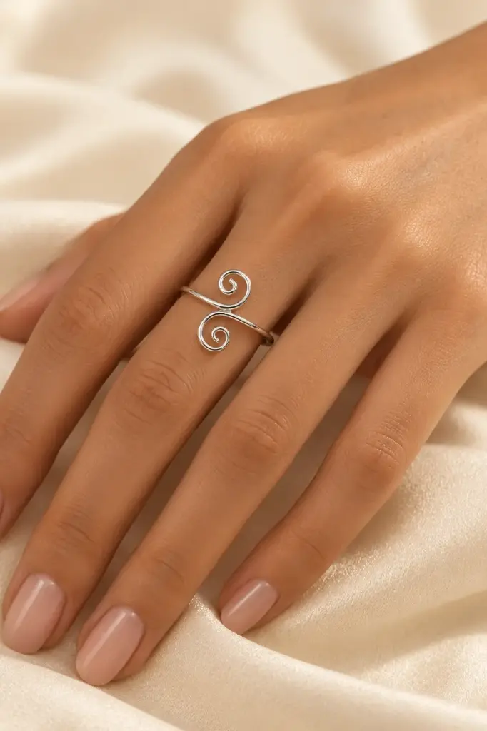An open ring with a flowing design and two opposing spiral details.