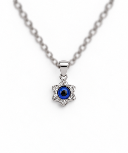 [PEN-013] 925 sterling silver blue eye star pendant with sparkling stones.