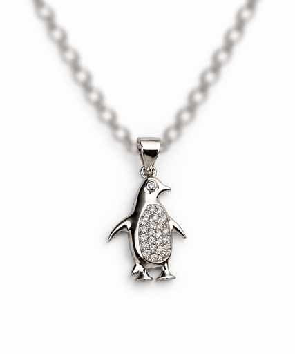 [PEN-015] 925 sterling silver penguin pendant with sparkling stones.