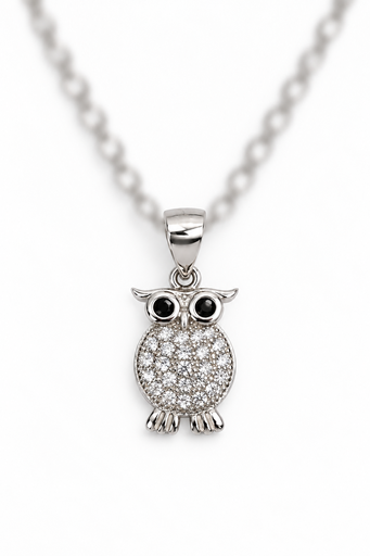[PEN-019] 925 sterling silver owl pendant with sparkling stones and black eyes.